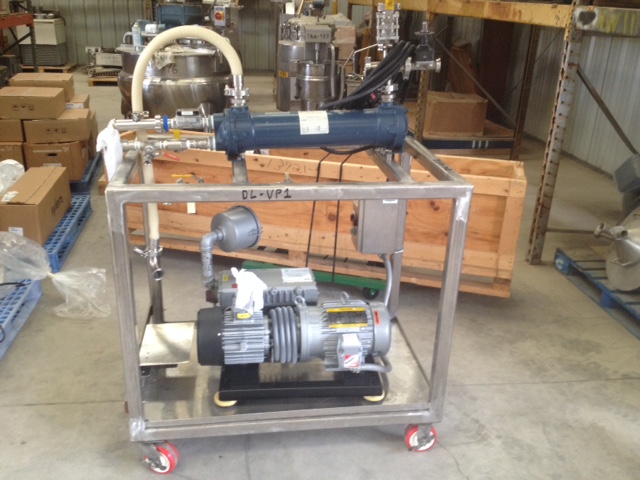 ***SOLD***used BUSCH model RA0100.E506.1001 Vacuum pump with Heat Exchanger (condenser). Rated 63 CFM and 0.5 TORR Vacuum. Has 5 HP, 230/460 volt, 1750 rpm, 3 ph motor. Has ITT p/n 5-160-05-024-004 heat exchanger (~5